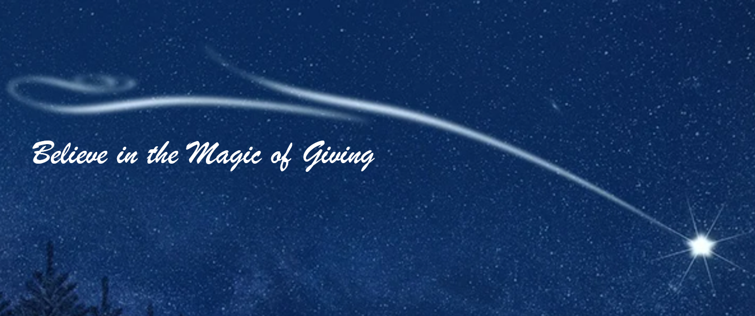 A shooting star across a dark blue sky, with title Believe in the Magic of Giving