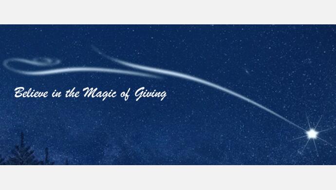 dark blue sky with shooting star, and title Believe in the Magic of Giving at top right